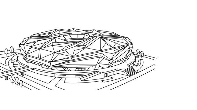 Architectural sketch of a modern stadium with geometric roof design.
