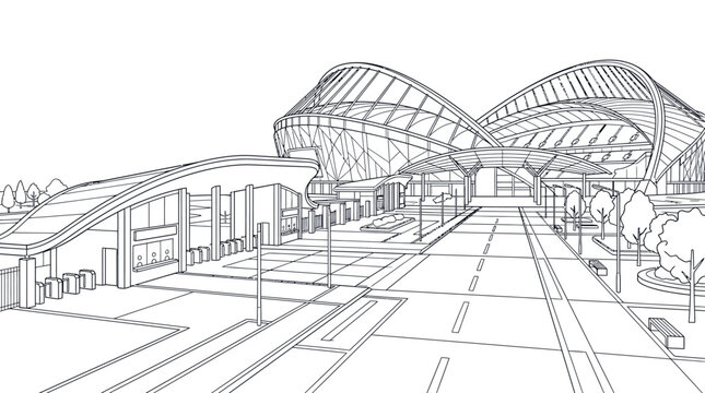 Architectural sketch of a modern transportation hub or stadium facility.