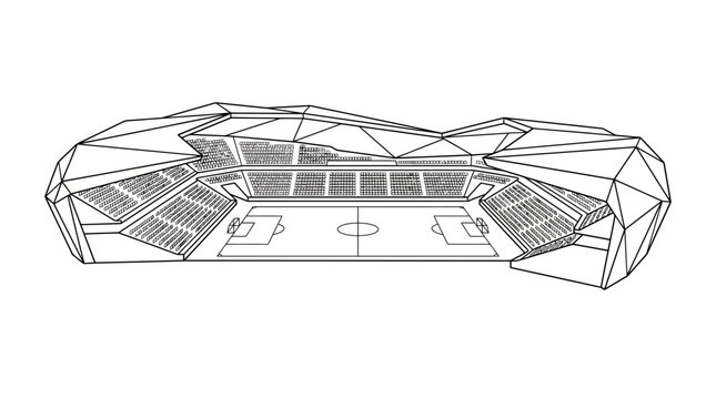 Architectural wireframe sketch of a modern soccer stadium.