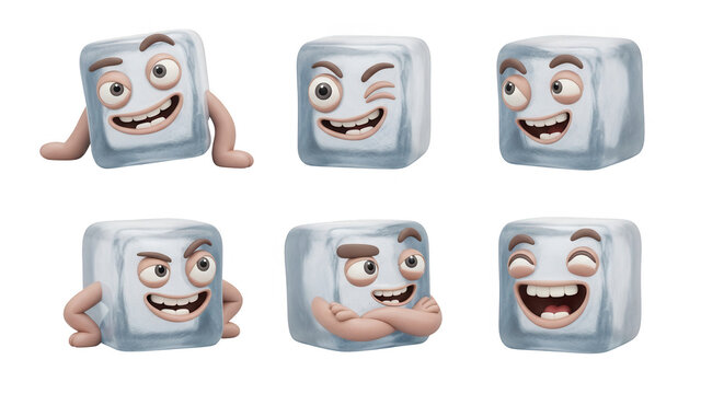 animated ice cube characters displaying various expressions against a plain white background summer themed design