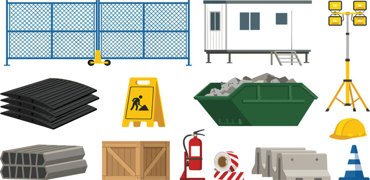 Construction Site Element Set with Safety Equipment Fence Trailer Skip Bin and Tools Vector Illustration for Industrial and Building Design Projects