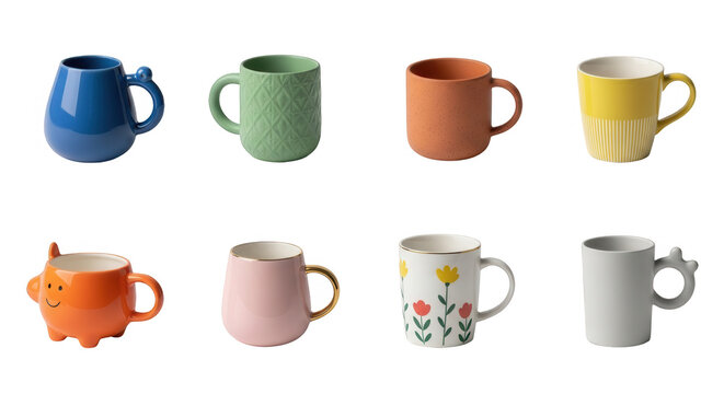 colorful ceramic coffee mugs arranged against a white backdrop for catalog use or product displays