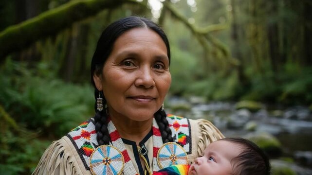Indigenous grandmother holding newborn baby in forest, Native American woman in traditional regalia, concept of heritage, family legacy, cultural preservation and motherhood