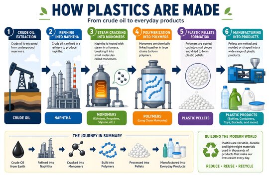Educational poster showing petroleum refining process leading to plastic manufacturing