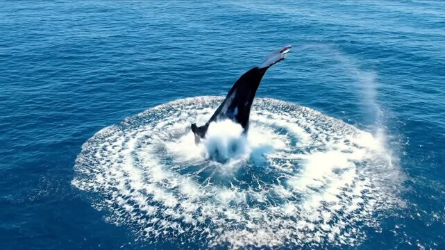 Whale jumps out of ocean water with tail fluke in air surrounded by splashing waves and schools of fish in deep blue sea