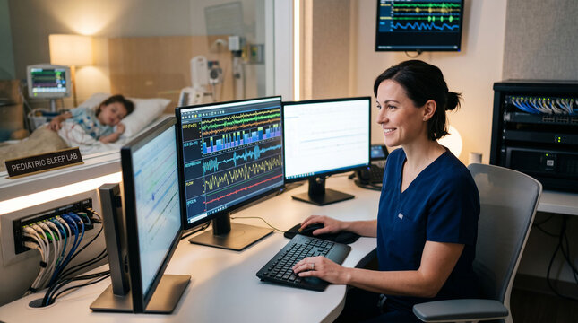 Sleep technician analyzing pediatric polysomnography data in hospital sleep lab
