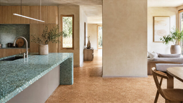 Interior of a zero carbon home with recycled glass countertops and cork flooring for sustainable lifestyle