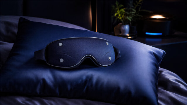 High tech neuro tracking sleep mask on a silk pillow for brain recovery and sleep quality optimization at night