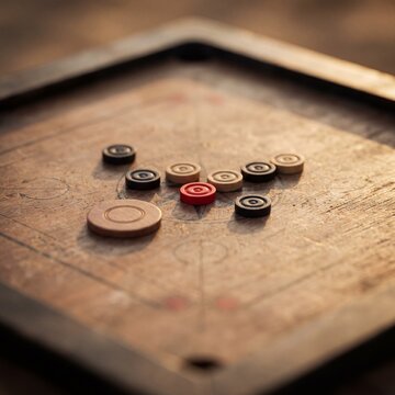 A close-up view of a carrom board with scattered black, white, and a single red striker piece, captured in soft, golden sunset lighting.