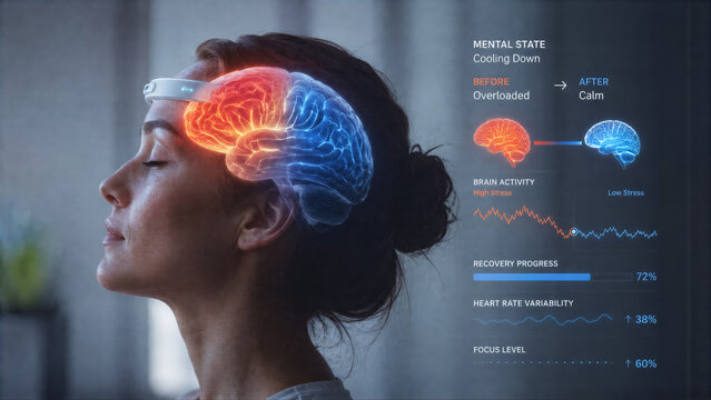 Conceptual visualization of a brain cooling down from red to blue using a neuro tracker app for digital detox