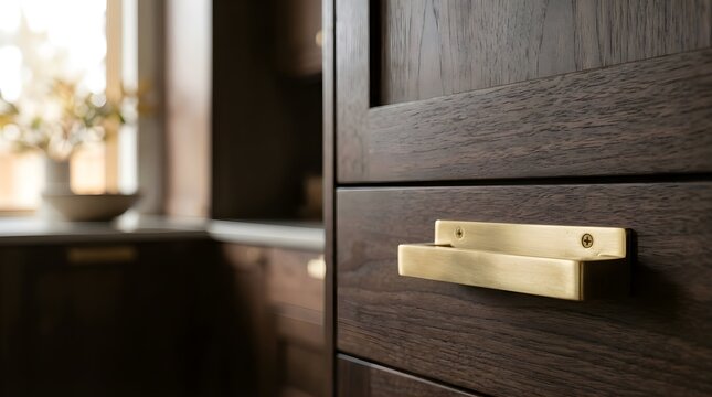 Modern dark wood kitchen cabinet drawer with gold handle in sunlit room