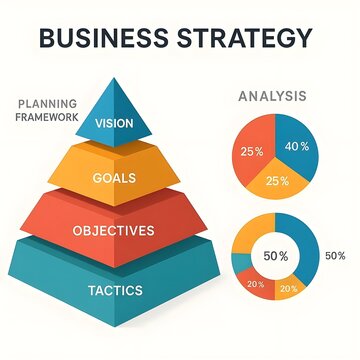 Business Strategy Planning Framework Pyramid Diagram with Vision Goals Objectives Tactics and Colorful Financial Data Analysis Pie Charts