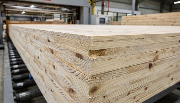 Close view of roof slabs made from crosslaminated timber focusing on the layered layup process that ensures durability and insulation before pressing in a factory environment.