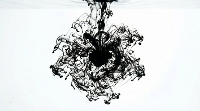 Ink drop diffusing in clear water creating intricate black swirls and patterns
