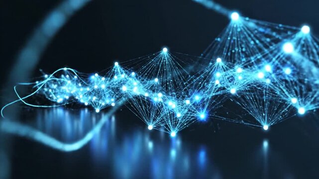 Glowing blue network connections form a wave-like structure on a dark surface with bright nodes and lines.