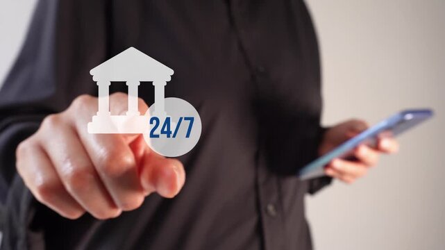 A businesswoman holding a smartphone while pointing forward. Animation of a bank icon with a button that says 24/7. Cash availability 24 hours a day, 7 days a week.