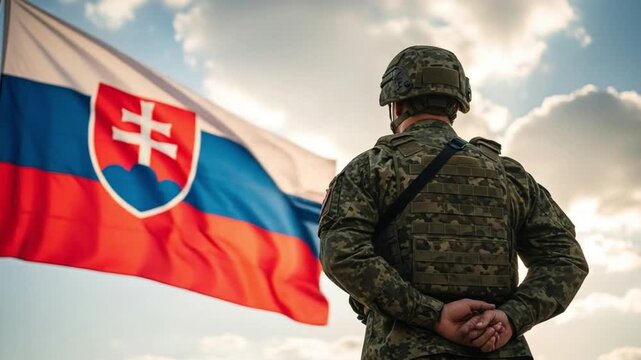 Slovakian soldier in camouflage uniform standing in front of a waving national flag, representing national pride, military defense, patriotism, and security in Slovakia