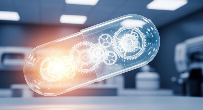 Personalized medicine capsule with glowing gears and futuristic lab innovation conveying advanced healthcare technology and precision therapy