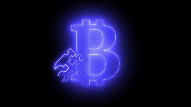 Animated neon light effect of the Bitcoin icon. The tools intertwined with the logo suggest repair or technical adjustment.