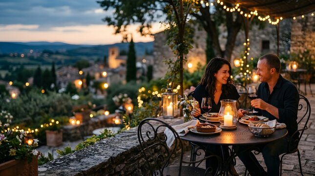 Romantic couple enjoying outdoor dinner at twilight in Italian village
