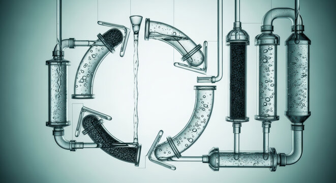 Clean water technologies concept with transparent pipes and filters showing water flow and purification process