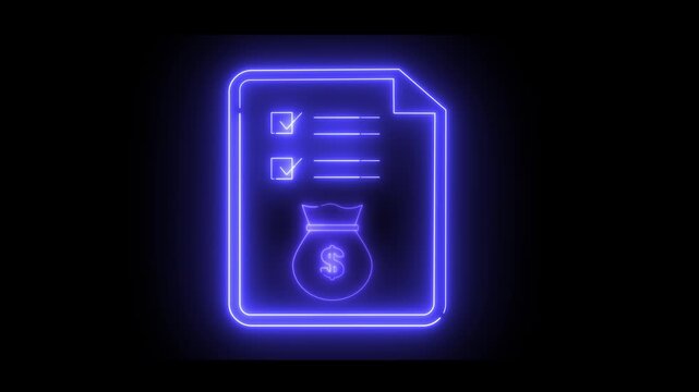 Neon light effect animation of a document showing a checklist and a money bag symbol. Ideal for finance, budgeting, or contract themes.