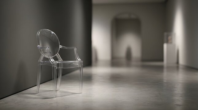 Transparent modern plastic chair placed in a minimal gallery interior