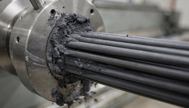 Medium shot capturing hard graphiteclay mixture extrusion into slender rods emphasizing rigidity and solid formation in raw pencil lead production.