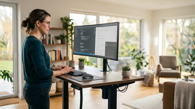 Woman working on a computer at a standing desk in a bright home office