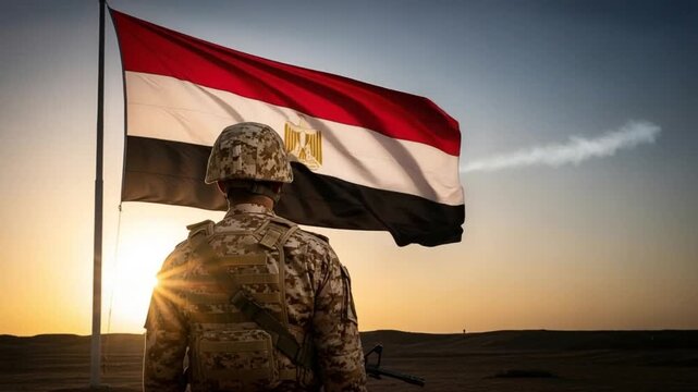 Egyptian soldier in desert uniform standing before national flag at sunset, military patriotism concept, armed forces pride, national defense, Middle Eastern army personnel