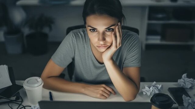 Stressed young woman working late at night on laptop in dark office, exhausted female professional feeling burnout and fatigue while staring at computer screen
