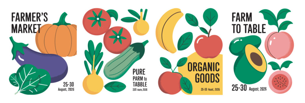 Fresh organic food collection with vegetables and fruits for farmer market poster design
