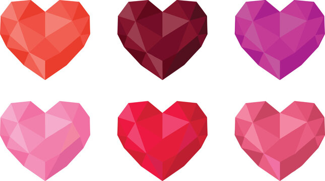 Six Geometric Low Poly Heart Shapes in Orange Maroon Purple Pink and Red for Valentine Design