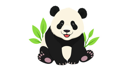 Cute cartoon panda bear sitting with green bamboo leaves, white background © Arif
