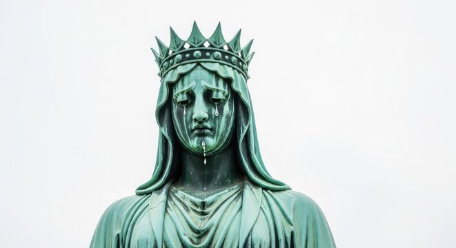 Majestic weathered green copper monument of a robed sculpture with a spiked crown, a single glistening tear falling from a sad hollow eye, metal, melancholic, monument
