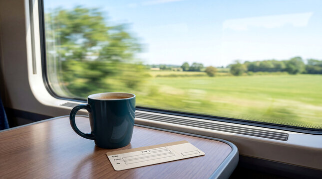 Train journey window table with blank ticket