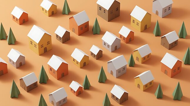 Desain Miniatur Perumahan Minimalis dengan Pohon Hijau Artistik di Latar Belakang Oranye Pastel yang Hangat