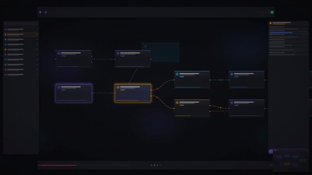 Tech UI animation of a node based workflow builder connecting system data blocks and automation streams on dark background.