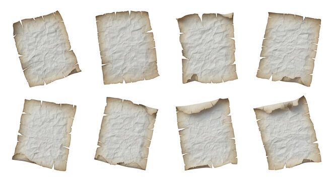 collection of eight crumpled aged papers isolated on a white background history or documents for use in design projects