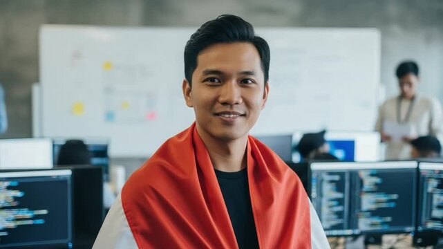 Young Asian male software developer wearing Indonesian flag scarf in modern tech office, celebrating national pride, patriotism, and professional success in IT industry