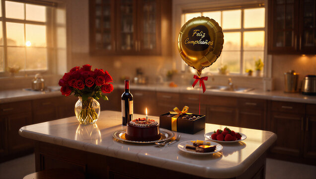 Cocina iluminada por el sol del atardecer con un pastel de cumplea&ntilde;os, rosas rojas, vino y un globo dorado, creando un ambiente festivo.