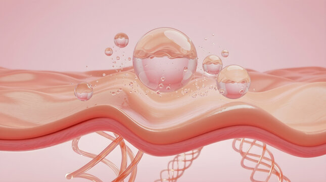 Hydrogel serum spheres dissolve onto wavy skin surface.Restores protective moisture barrier for glowing appearance. 3D rendering.