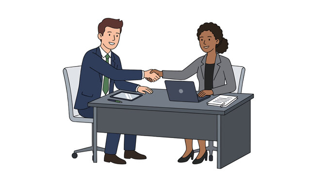 Business meeting vector illustration with businessman and businesswoman shaking hands at office desk during professional job interview agreement negotiation scene. concept of business partnership.