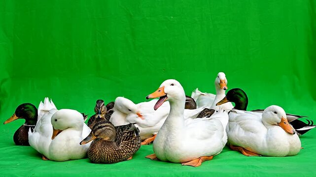 Diverse Group Of Ducks And Geese Relaxing On Green Screen Background, Ideal For Nature Projects And VFX Applications