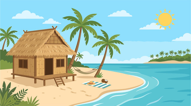 Tropical Summer Beach Hut on Paradise Island with Palm Trees, Ocean Waves, Sunny Sky and Coastal Landscape Vector Illustration. concept of sunny weather and tourism.