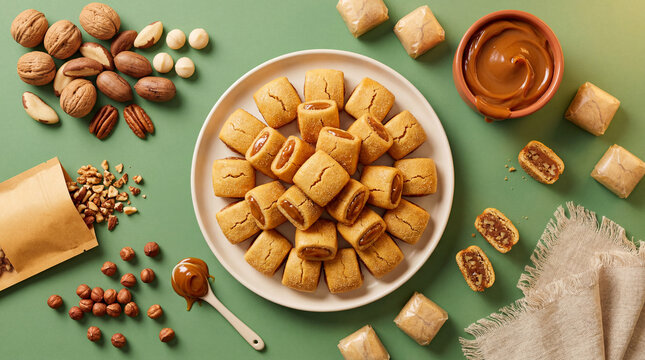Bem casado sweets with dulce de leche and mixed nuts arranged on reclaimed oak table