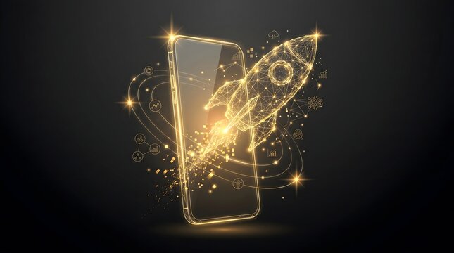 Golden wireframe rocket launching from smartphone screen representing mobile app startup fast innovation and digital business growth