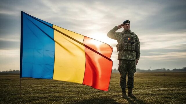 Young Romanian male soldier in camouflage uniform saluting with national flag in background, representing patriotism, military honor, national pride and defense