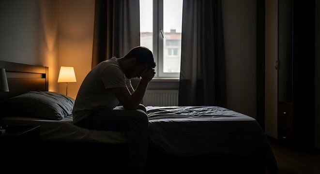 A man sits on the edge of his bed in a dark room, head in hands, appearing sad and distressed.