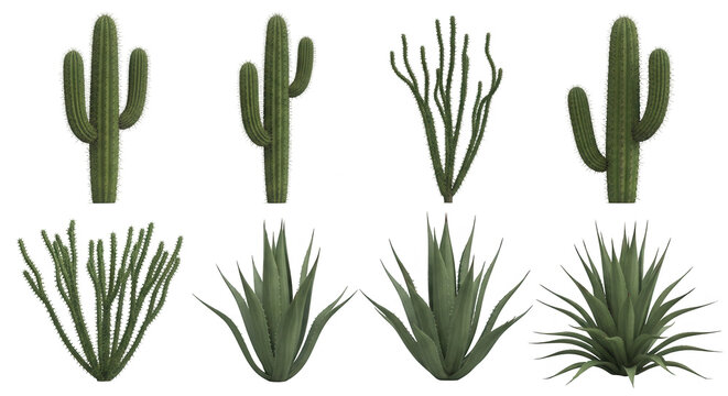 assortment of desert cacti and succulent plants isolated on a clean white background various species for botanical or design use